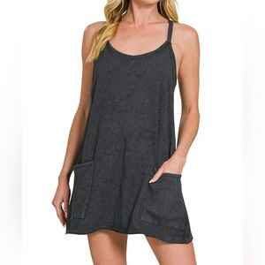 Acid Washed Mini Dress with Built-In Romper Liner in Black